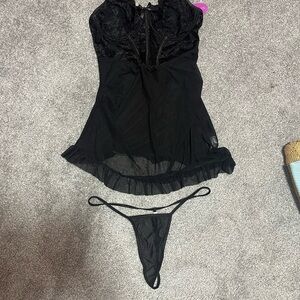 Sheer Black Lace Corset Chemise with Underwire and Matching G String